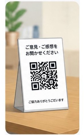 テーブルに置かれた「ご意見・ご感想をお聞かせください」のQRコード立て札