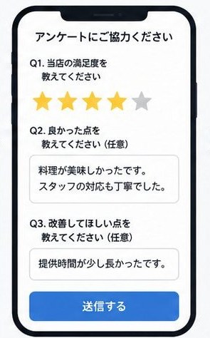 満足度や良かった点を尋ねるアンケート画面